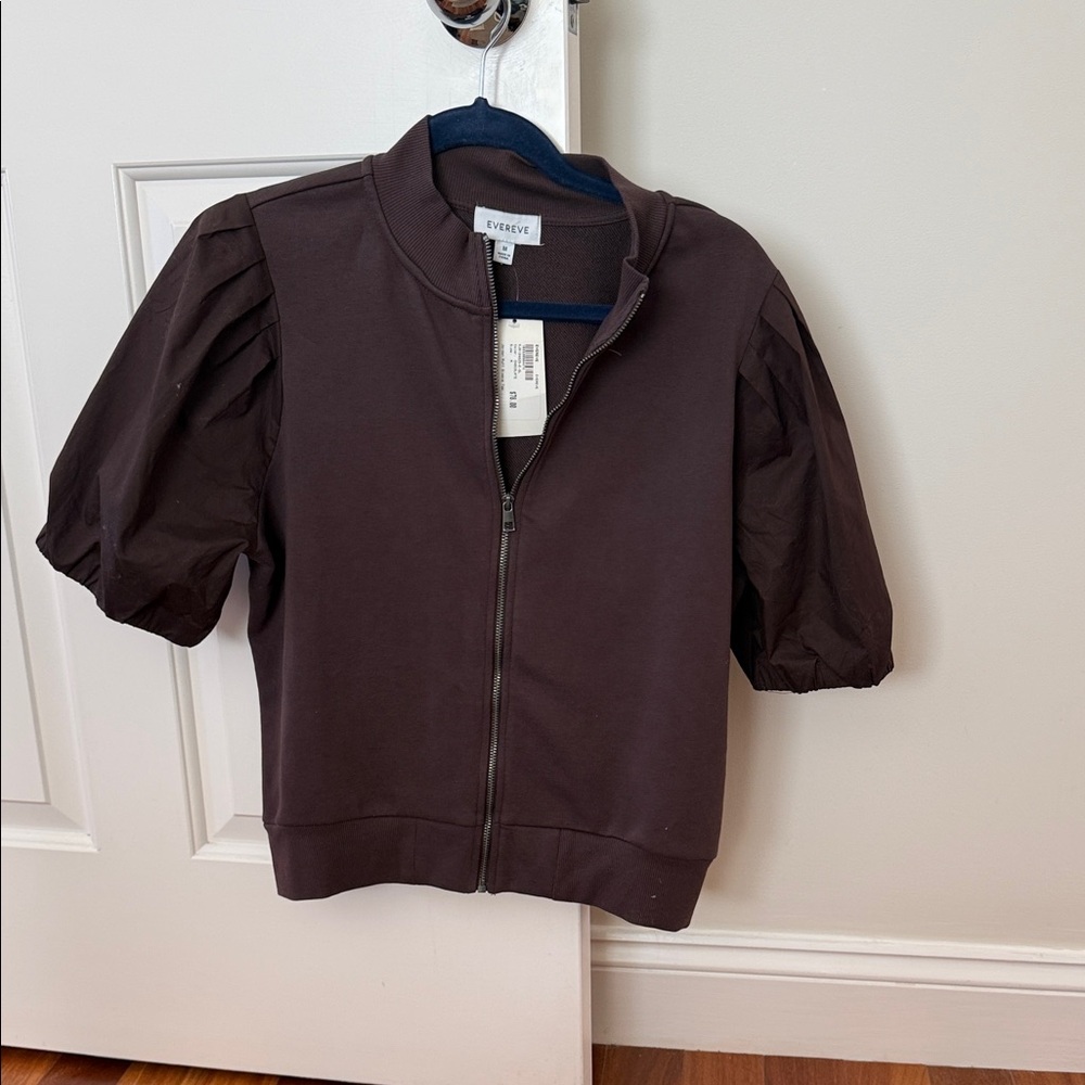 Evereve Puff Sleeve Zip-Up Top - Brown